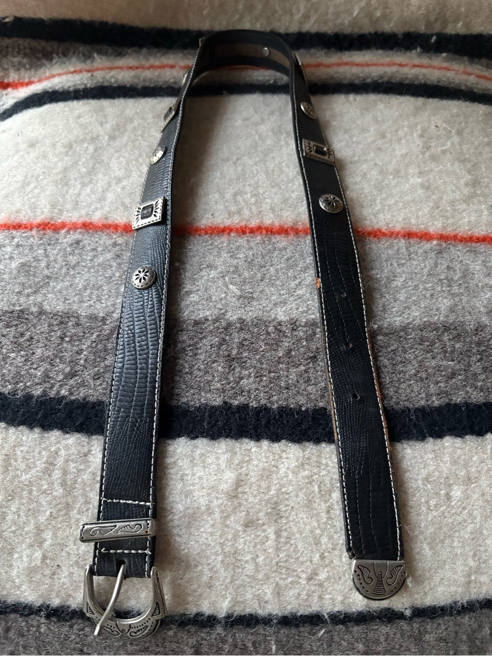 Western Boho Vintage Black Leather Ranger Belt Engraved Silver Buckle